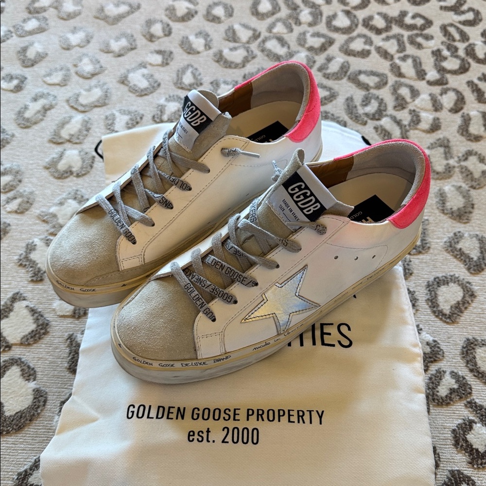 Golden Goose Hi Star White and Gray Sneakers with Pink Heel